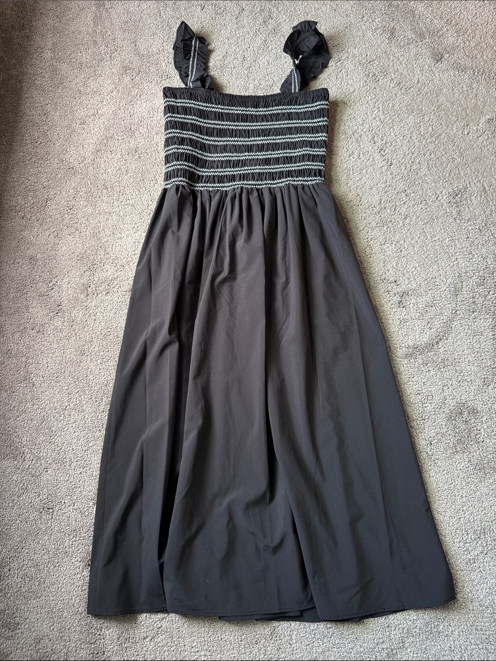 DKNY Black White Smocked Bodice Ruffle Wide Strap Midi Sundress SIZE 6
